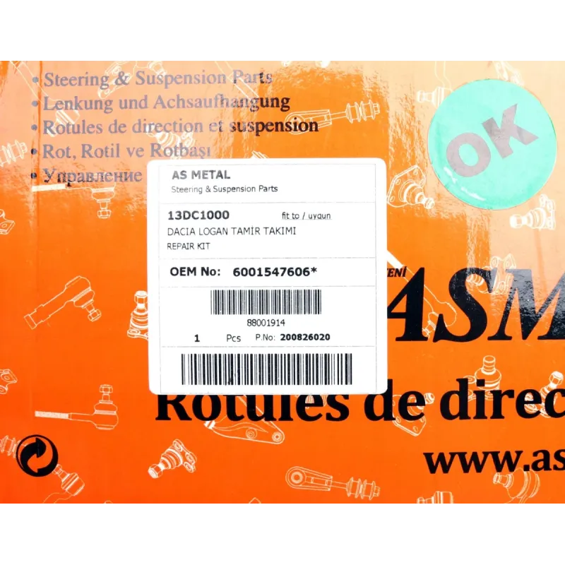 Ремкомплект підвіски ASMETAL 13DC1000 для Dacia Logan, Renault Logan, Sandero (важіль, тяги, наконечники, стабілізатор)