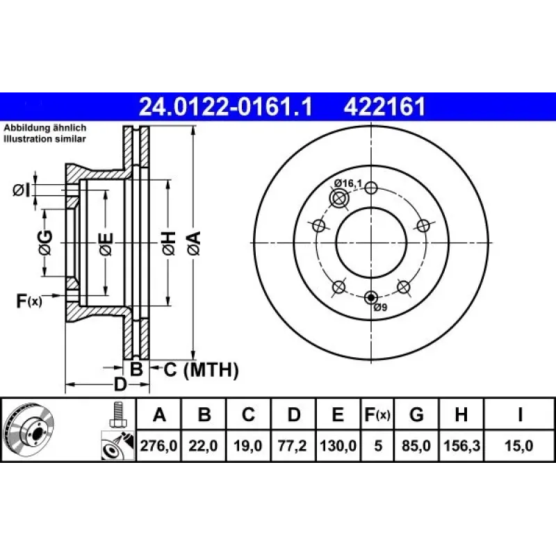 Диск гальмівний передній ATE 24.0122-0161.1 для Mercedes-Benz Sprinter 208-416 1996-2006, 276x22 мм