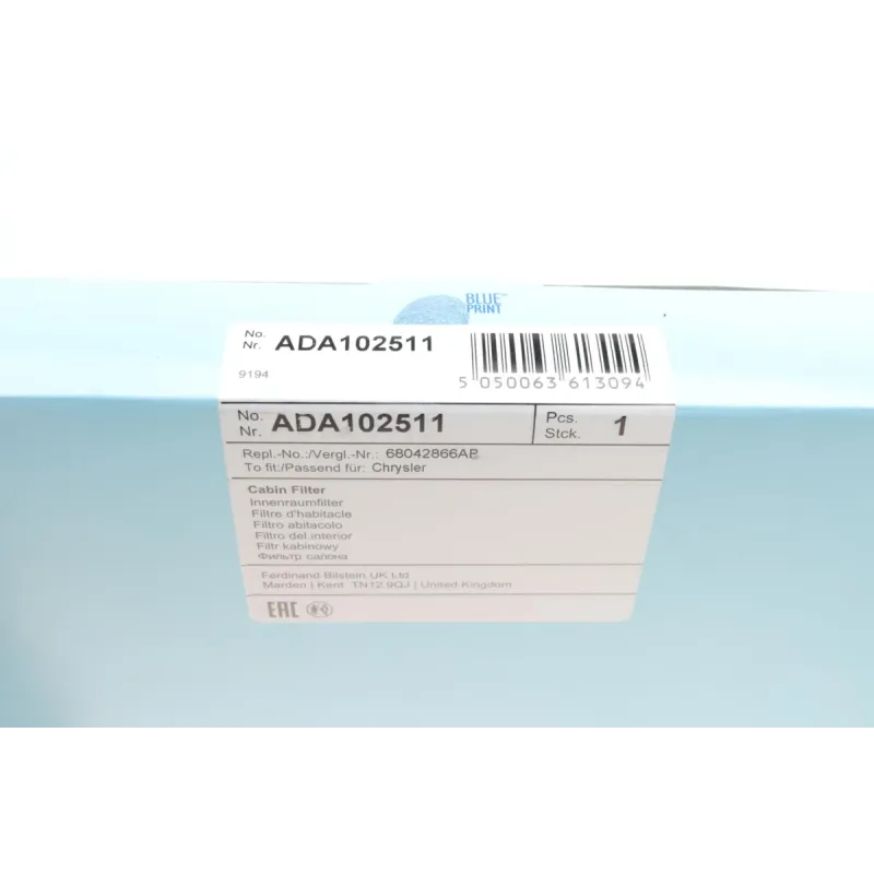 Фільтр салону BLUE PRINT ADA102511 для Chrysler Grand Voyager V (RT) 2007-, Lancia Voyager (RT) 2011-, 230x201x30 мм