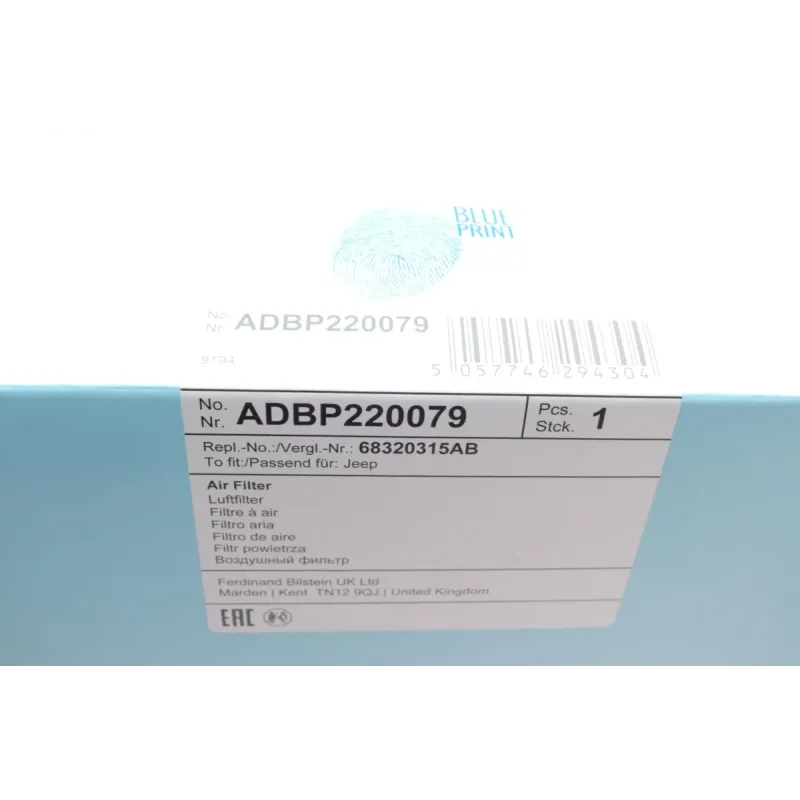 Фільтр повітряний BLUE PRINT ADBP220079 для Jeep Cherokee KL 2.0 T-GDi 2018- , 405x159x47 мм