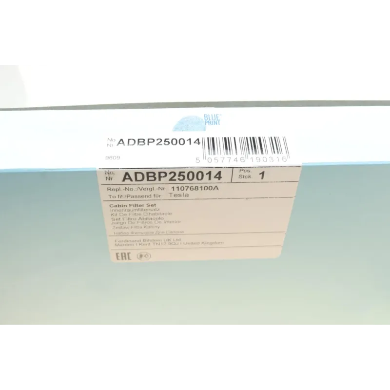 Фільтр салону вугільний BLUE PRINT ADBP250014 для Tesla Model 3/Y 2018-, 242x142x31 мм (к-кт 2шт.)