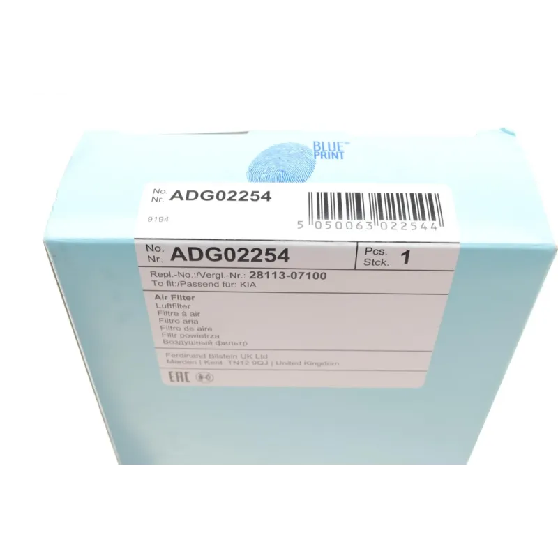 Фільтр повітряний BLUE PRINT ADG02254 для Kia Picanto 1.0/1.1 2004-2011, 248x115x39 мм