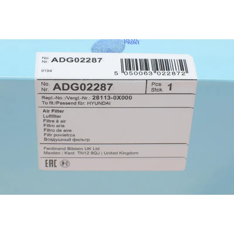 Фільтр повітряний BLUE PRINT ADG02287 для Hyundai i10 1.0-1.1 2008-2017, 235x180x30 мм