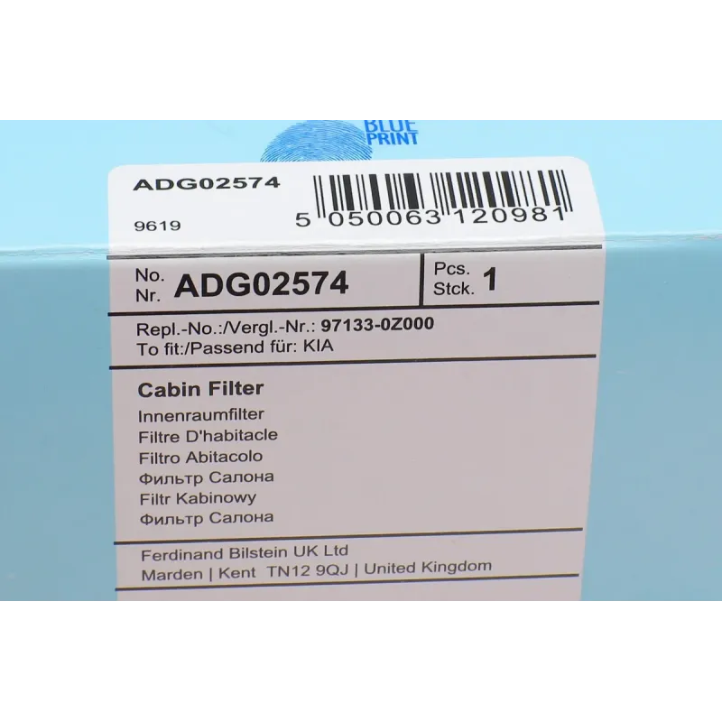 Фільтр салону BLUE PRINT ADG02574 для Kia Sportage (JE_, KM_) 2004-2010, 238x194x20 мм