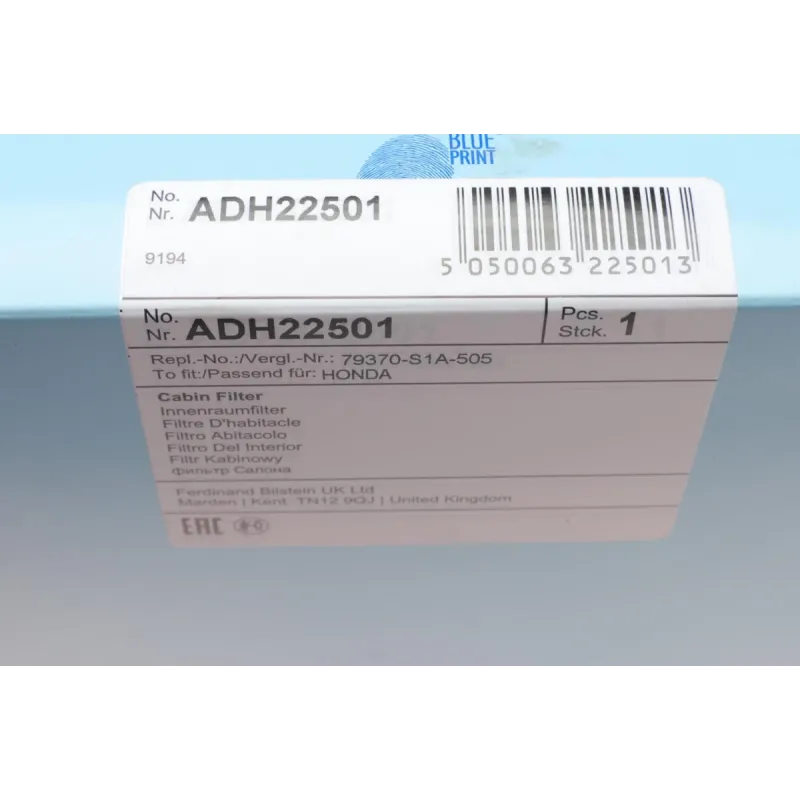 Фільтр салону BLUE PRINT ADH22501 для Honda Accord VI 1.6-2.3/2.0TDi 1998-2003, 299x213x25 мм