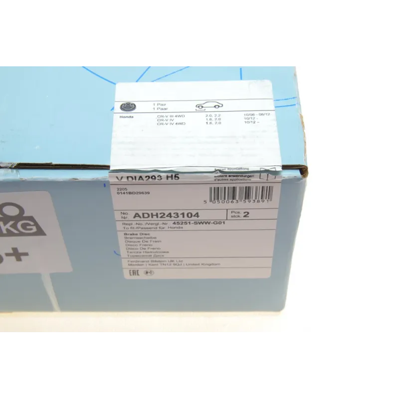 Диск гальмівний передній BLUE PRINT ADH243104 для Honda CR-V III-IV 2.0-2.2D-2.4 2006- 293x28 мм