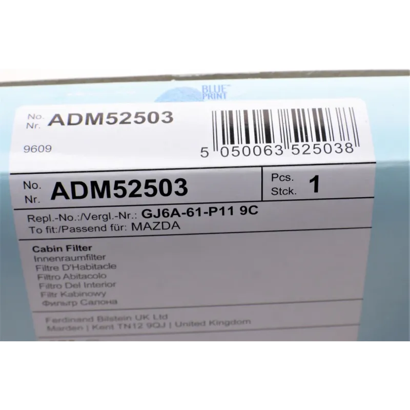 Фільтр салону вугільний BLUE PRINT ADM52503 для Mazda 6 GG/GH, CX-7, 215x196x25 мм
