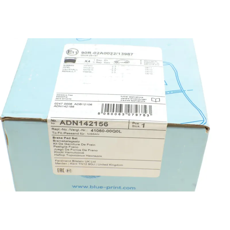 Колодки гальмівні передні BLUE PRINT ADN142156 для Renault Master III/Opel Movano B 2010- (з датчиком), 17x64 мм