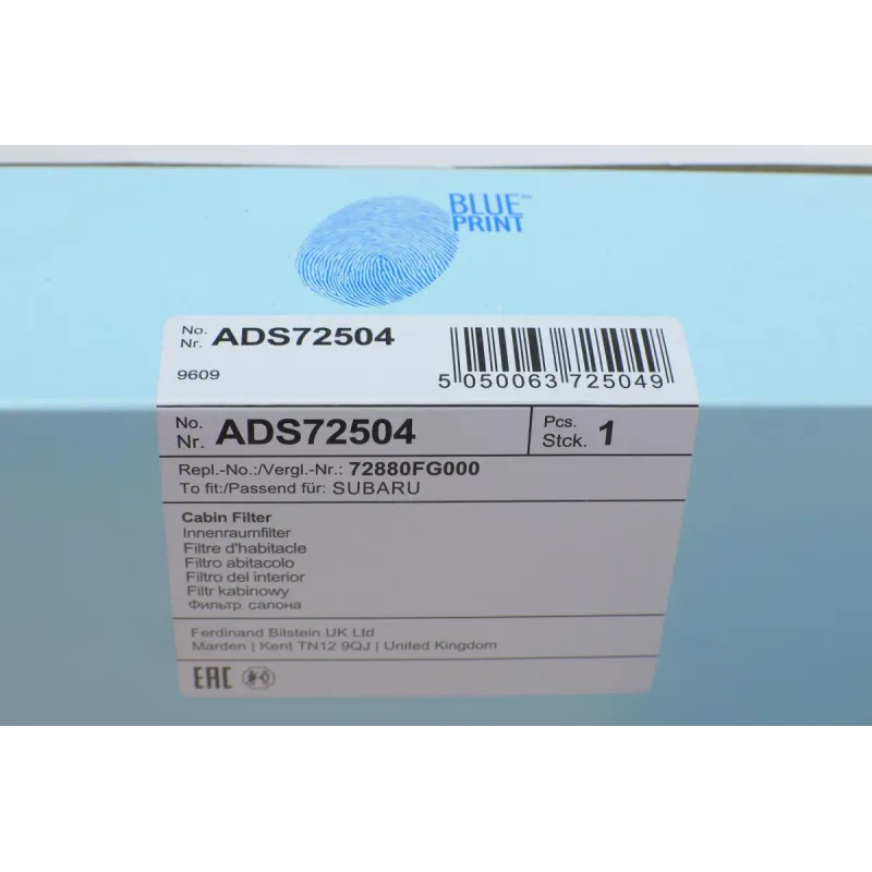 Фільтр салону BLUE PRINT ADS72504 для Subaru Forester/Impreza 2008-, 226x235x57 мм