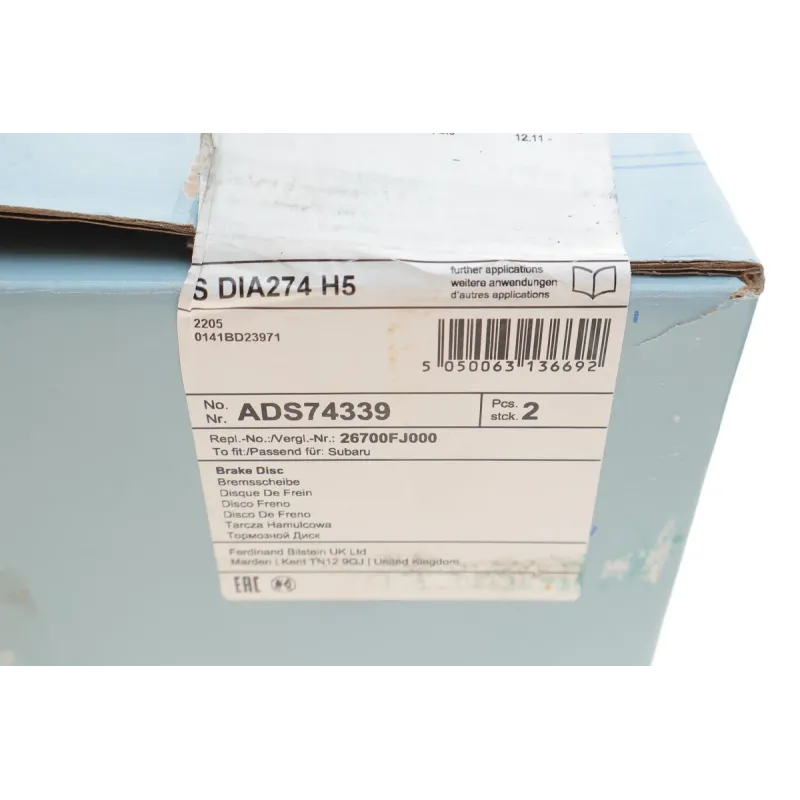 Диск гальмівний задній BLUE PRINT ADS74339 для Subaru Impreza, Forester 274x10 мм