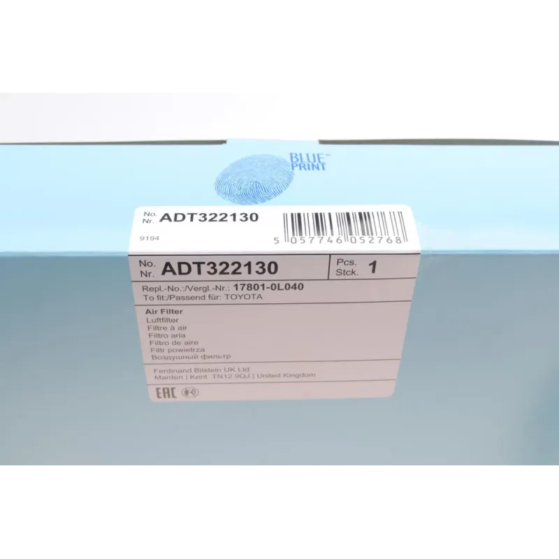 Фільтр повітряний BLUE PRINT ADT322130 для Toyota Hilux VIII 2.4D/2.8D 2015-, 324x241x58 мм