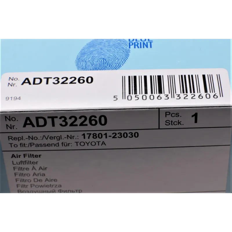 Фільтр повітряний BLUE PRINT ADT32260 для Citroen C1, Peugeot 107, Toyota Yaris 1.0-1.3 2005-2011, 260x116x43 мм