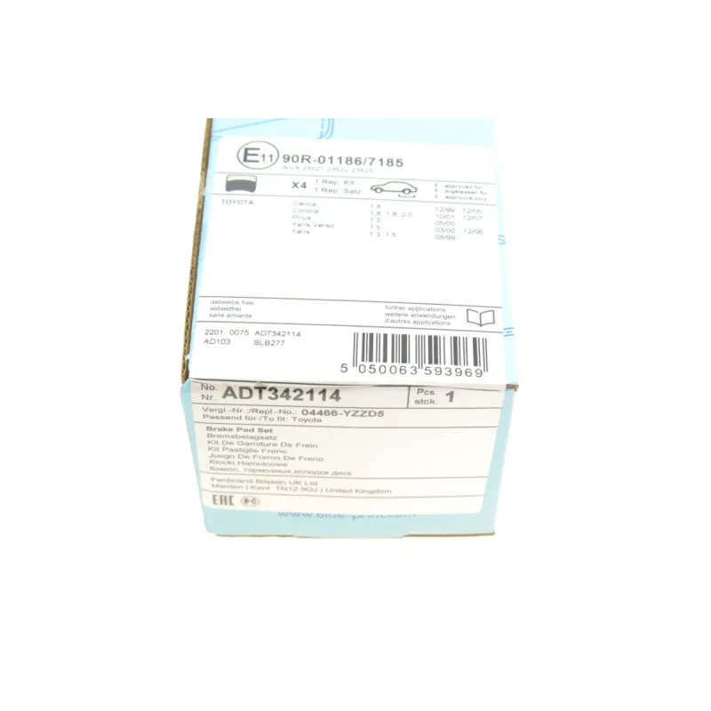 Колодки гальмівні задні BLUE PRINT ADT342114 для Toyota Corolla, Prius, Yaris, Celica 14 мм