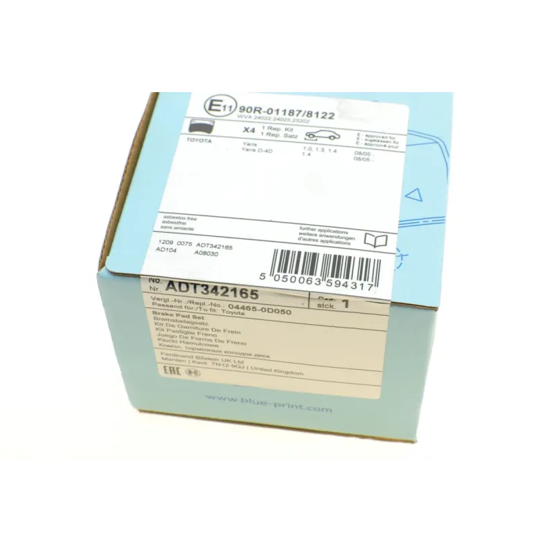 Колодки гальмівні передні BLUE PRINT ADT342165 для Toyota Yaris 2005-2011, 17 мм