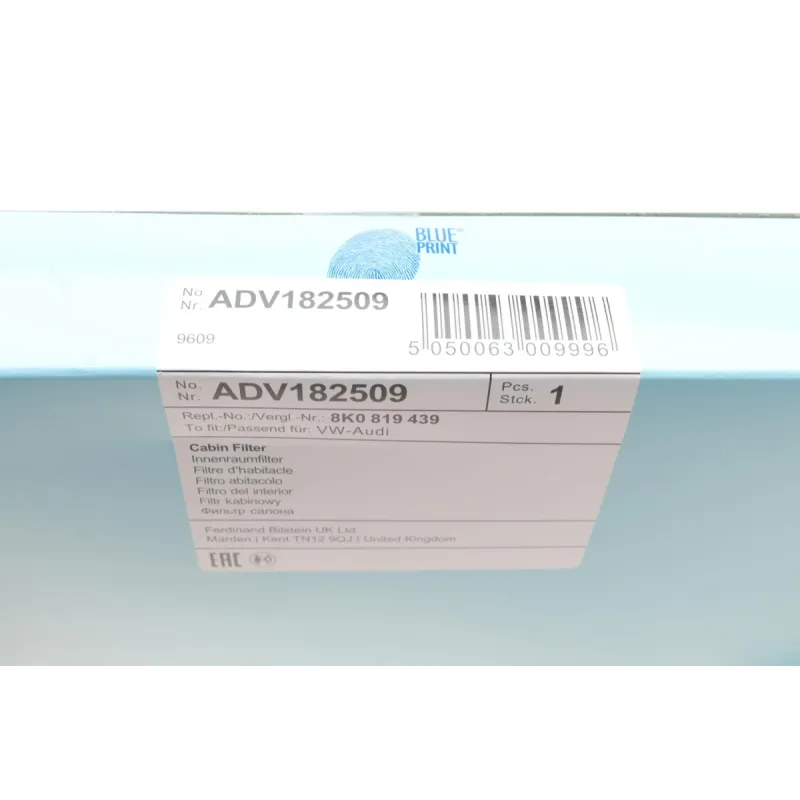 Фільтр салону з активованим вугіллям BLUE PRINT ADV182509 для Audi A4 B8 2007-2015, 280x240x35 мм