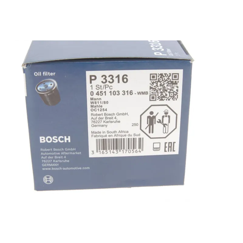 Фільтр масляний BOSCH 0 451 103 316 для Mitsubishi Pajero 1.8-3.5 V6 1994-, зовнішній діаметр 82 мм