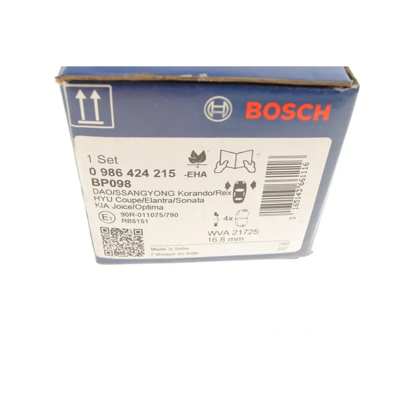 Колодки гальмівні передні BOSCH 0 986 424 215 для Hyundai Elantra III 2000-2006, Kia Magentis I 2001-2005, Ssangyong Rexton 2002-, 16.8 мм