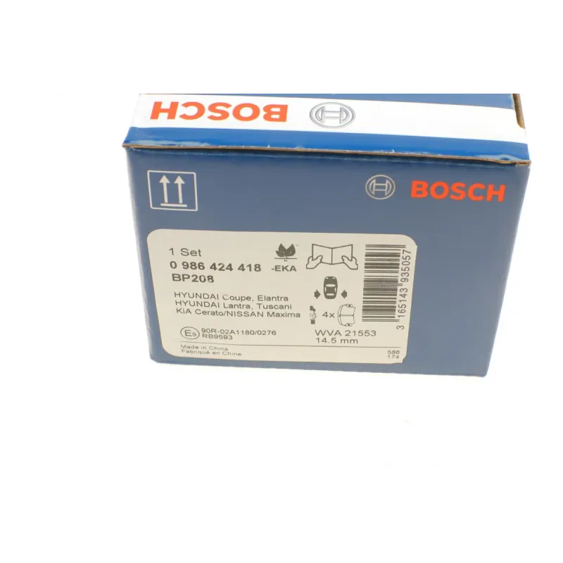 Колодки гальмівні задні BOSCH 0 986 424 418 для Hyundai Elantra/Kia Cerato 2000-2006, 85.6x46.3 мм