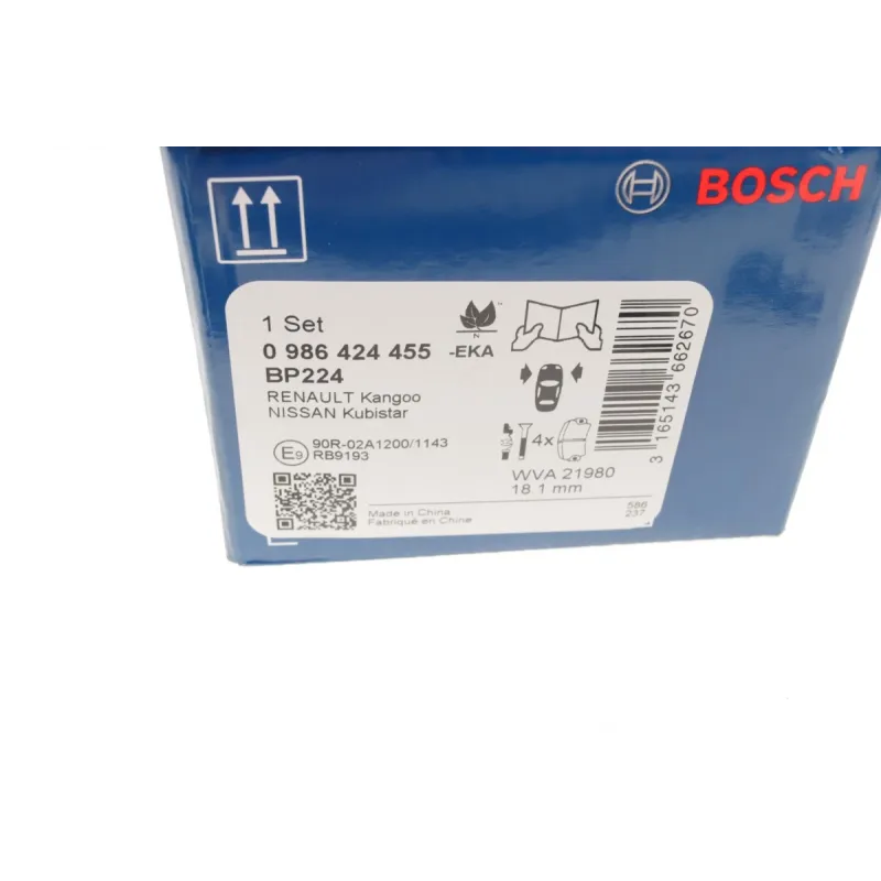 Колодки гальмівні передні BOSCH 0 986 424 455 Renault Kangoo/Nissan Kubistar 130.9x47.5x18.1 мм