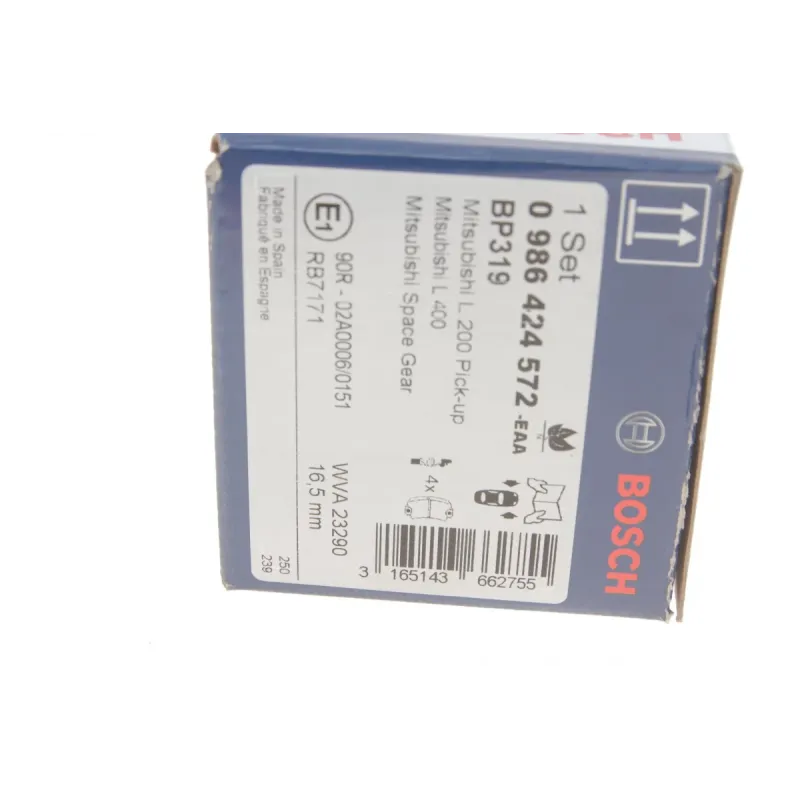 Колодки гальмівні передні BOSCH 0 986 424 572 для Mitsubishi L200/L400 1990-2007, 15.7/16.5 мм