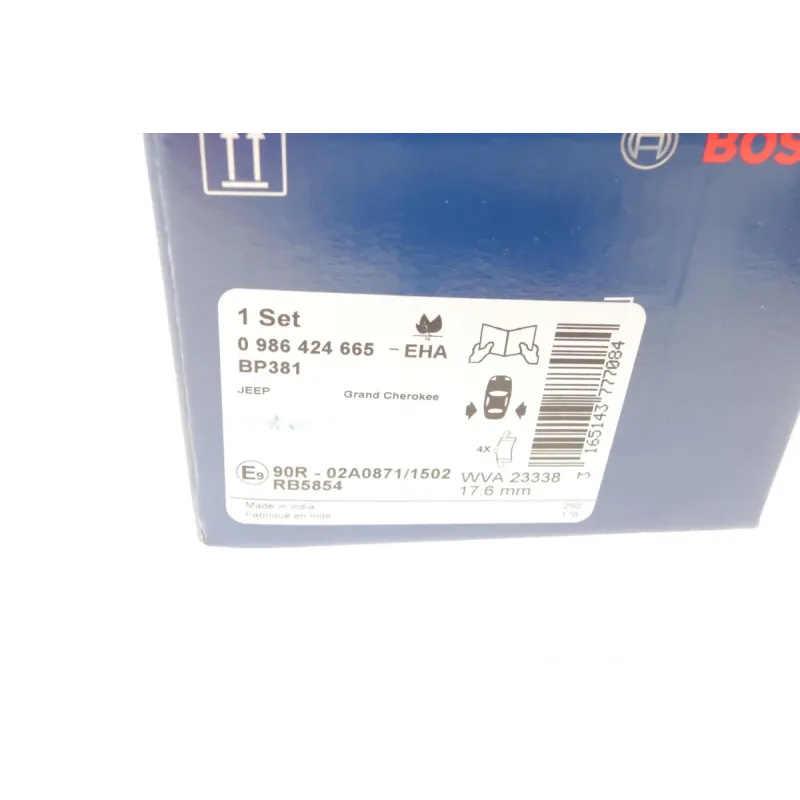 Колодки гальмівні задні BOSCH 0 986 424 665 для Jeep Grand Cherokee II (WJ, WG) 1999-2005, 17.6 мм