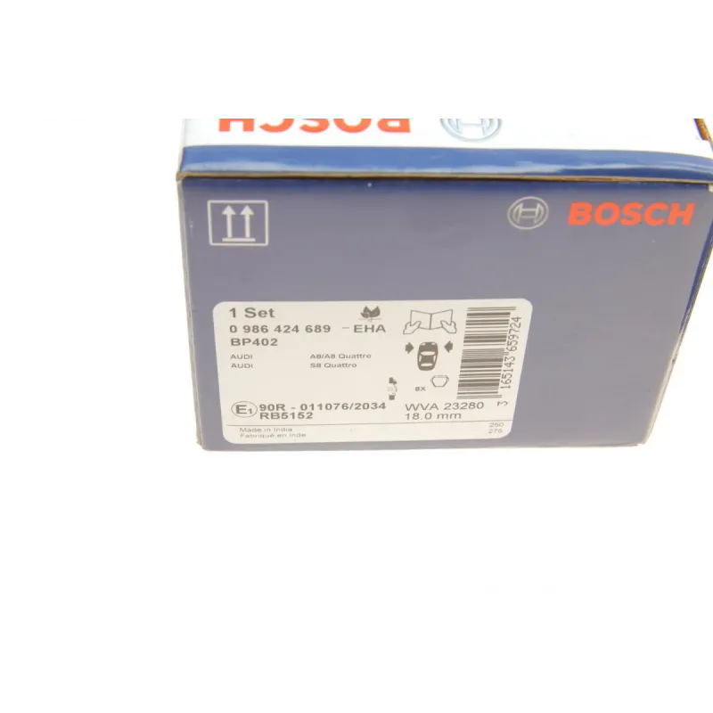 Колодки гальмівні передні BOSCH 0 986 424 689 для Audi 100/A6/A8 (1991-2002), 74.6x18.3 мм