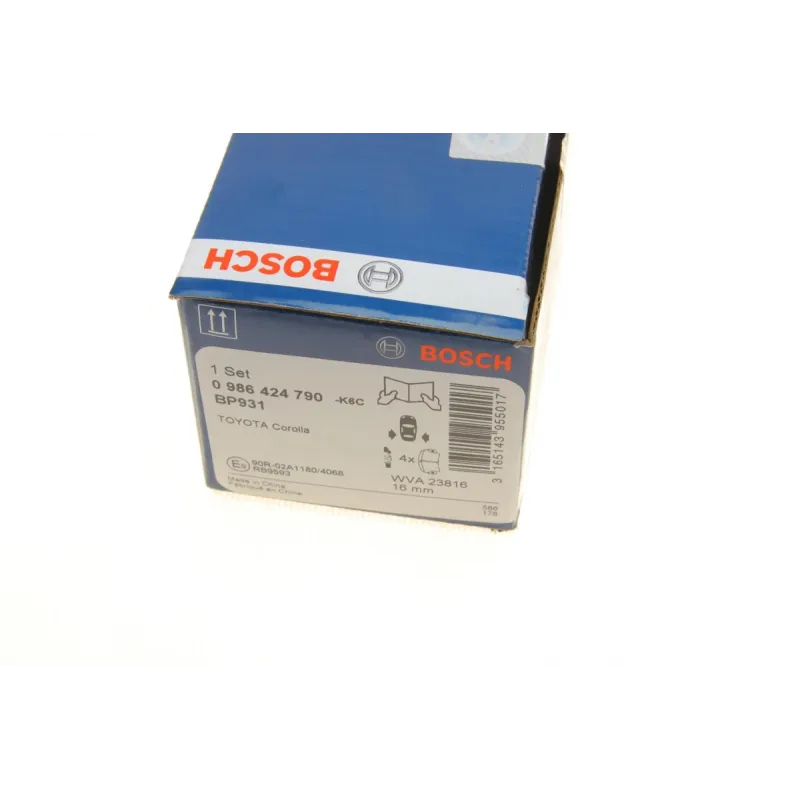 Колодки гальмівні задні BOSCH 0 986 424 790 для Toyota Corolla 2002-2007, 95.8x37.4x15.6 мм
