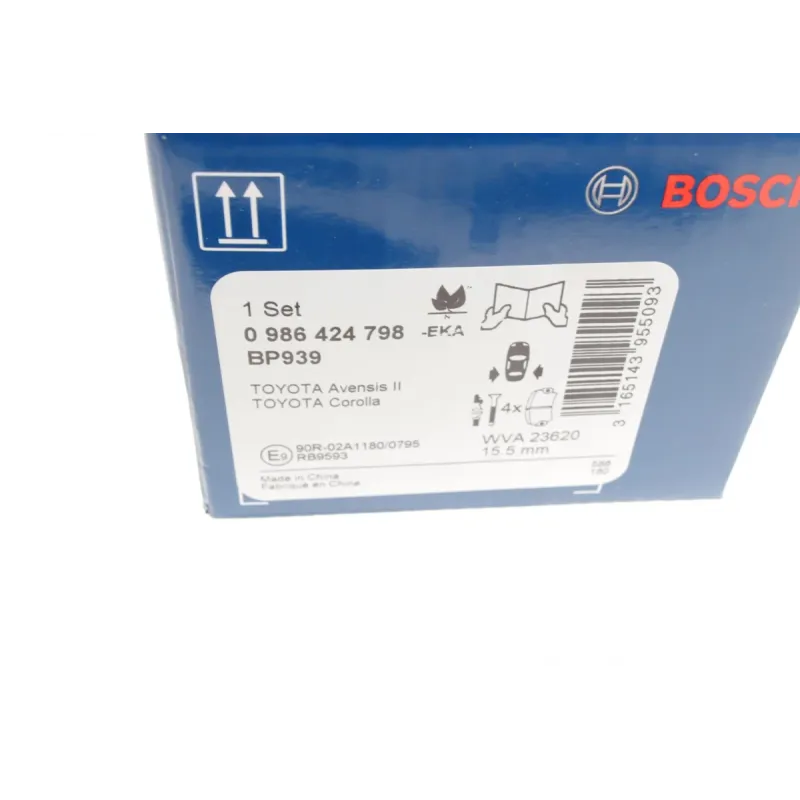Колодки гальмівні задні Bosch 0 986 424 798 для Toyota Avensis, Corolla 1.6-2.4i 2003-2009, 101.8x46x15.5 мм
