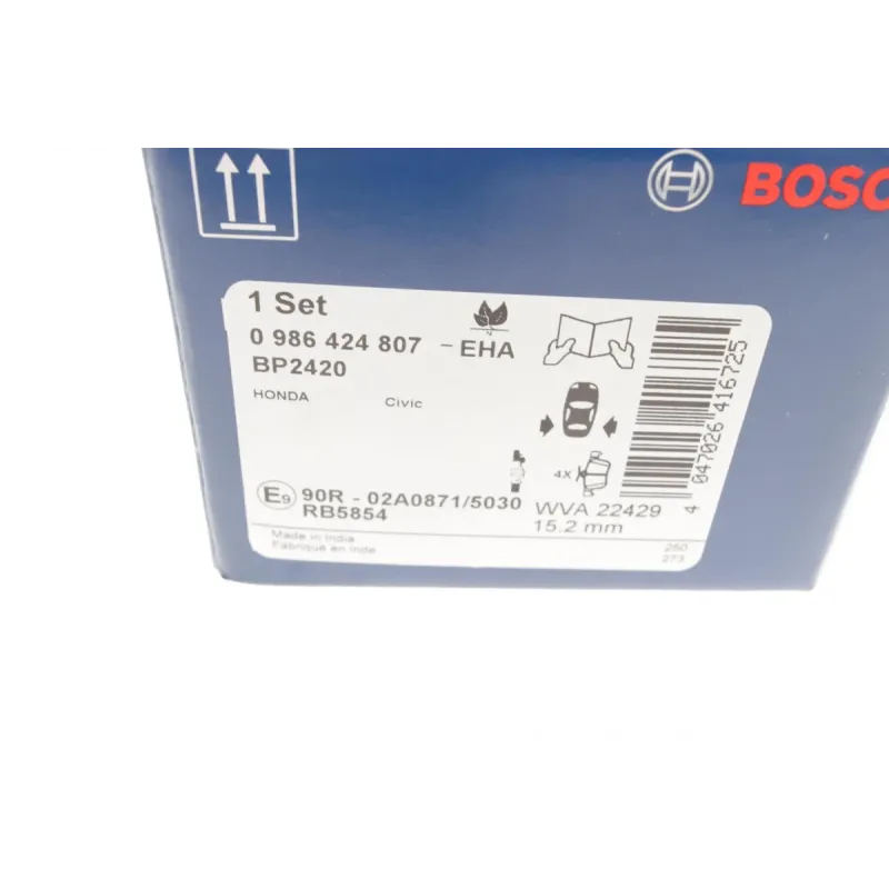 Колодки гальмівні задні BOSCH 0 986 424 807 для Honda Civic X 2017- 1.0-2.0 VTEC, 14.97 мм