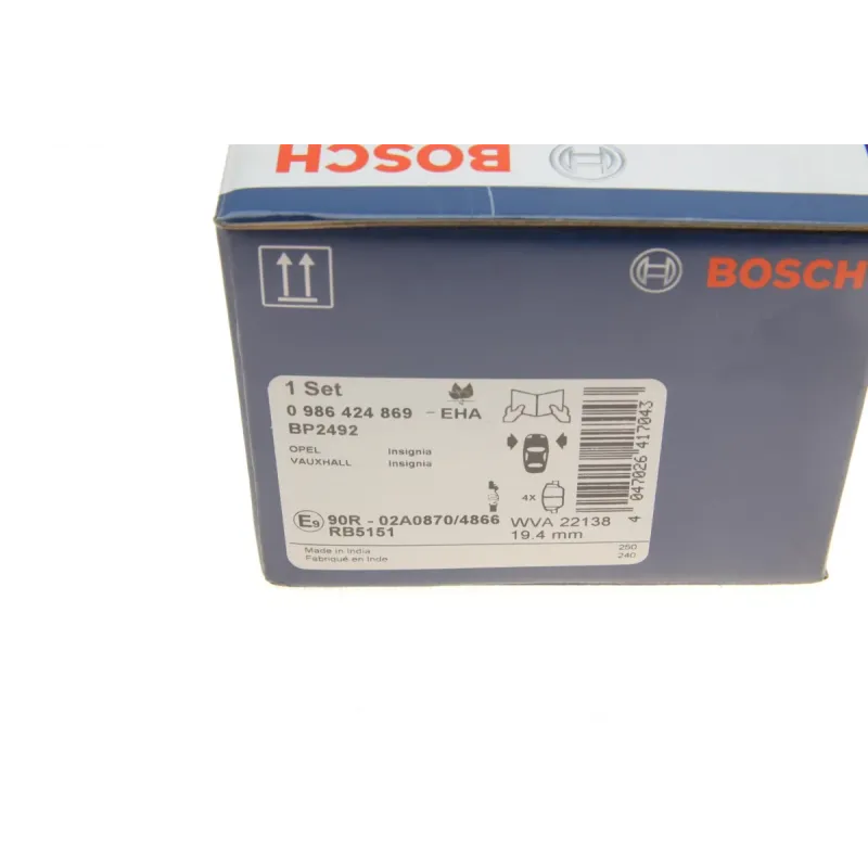 Колодки гальмівні передні BOSCH 0 986 424 869 для Opel Insignia B 1.5-2.0 CDTi 2017-, 142x64.3x19.1 мм