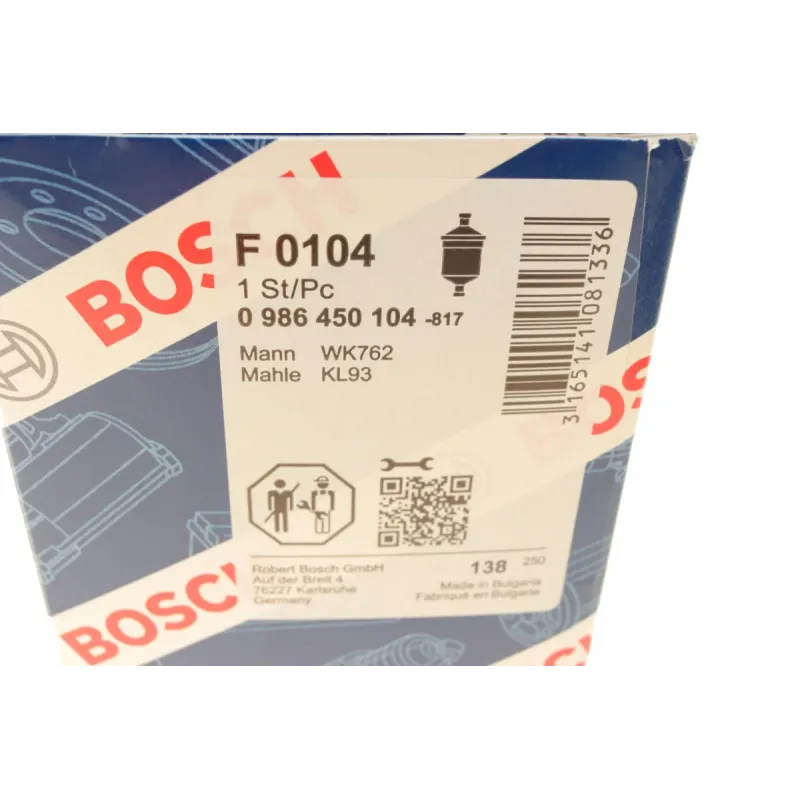 Фільтр паливний BOSCH 0 986 450 104 для Honda Accord CB, Civic EG, CRX EH 1990-1998, 70x94 мм
