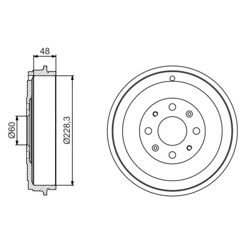 Барабан гальмівний задній BOSCH 0 986 477 208 для Fiat Punto, Opel Corsa (228,3x48) d=60mm