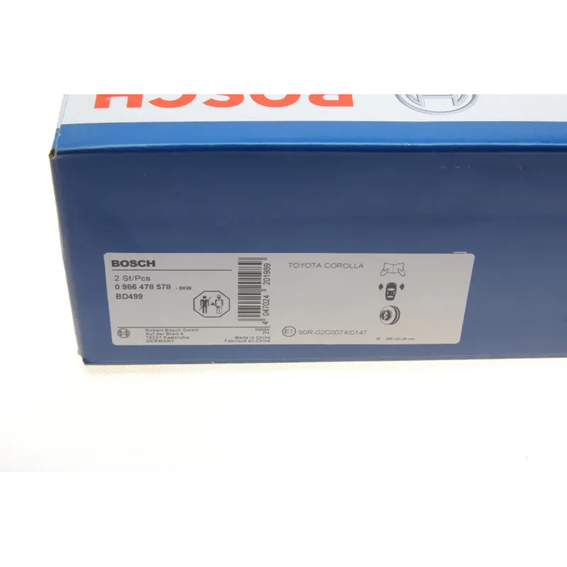 Диск гальмівний передній BOSCH 0 986 478 578 для Toyota Corolla E10 E11 1992-2001, 255x22 мм
