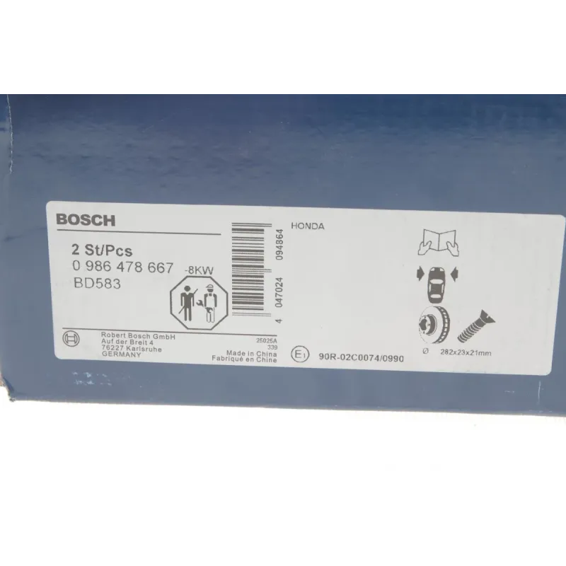 Диск гальмівний передній BOSCH 0 986 478 667 для Honda CR-V I (RD) 1995-2002, HR-V (GH) 1999-, 282x23 мм