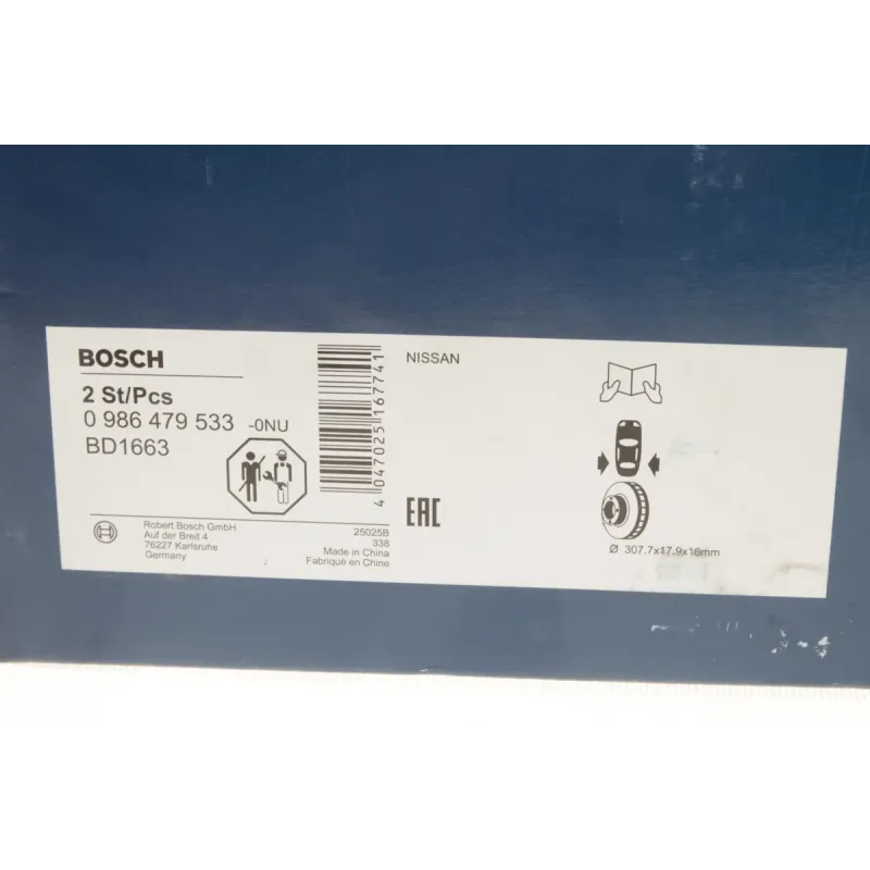 Диск гальмівний задній BOSCH 0 986 479 533 для Nissan Pathfinder R51 2010-, 307.7x17.9 мм
