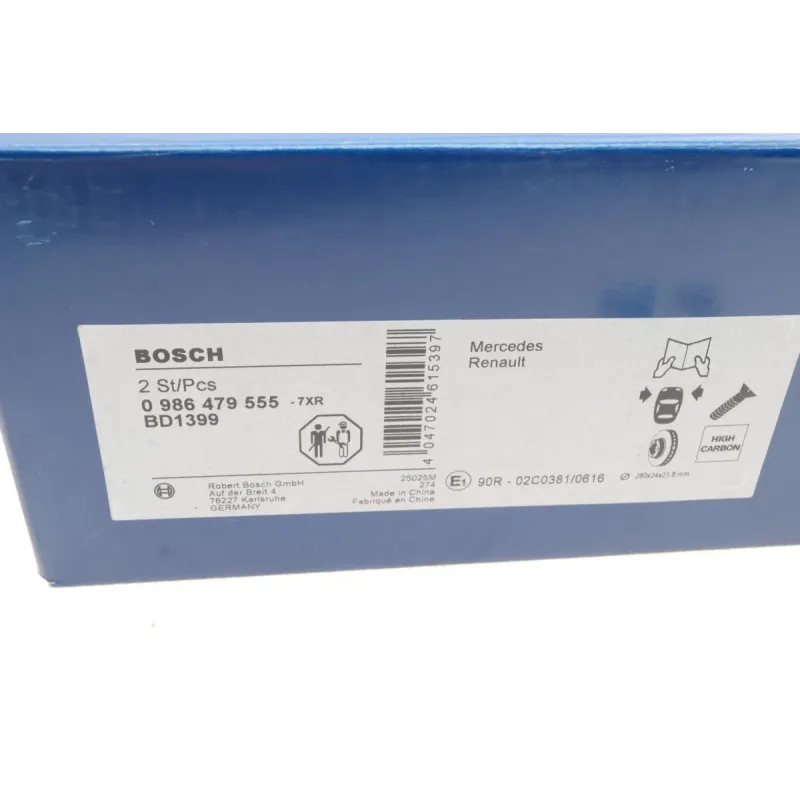 Диск гальмівний передній BOSCH 0 986 479 555 для Renault Kangoo, Mercedes-Benz Citan 280x24 мм
