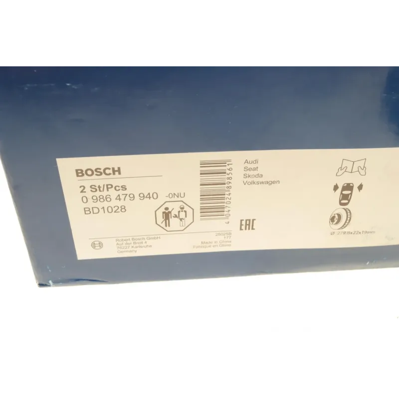 Диск гальмівний передній BOSCH 0 986 479 940 для Audi A3, Seat Altea, 280x22 мм