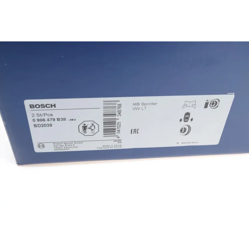 Диск гальмівний задній BOSCH 0 986 479 B38 для Mercedes-Benz Sprinter 408-416 (903) 1995-2006, 284.8x22 мм