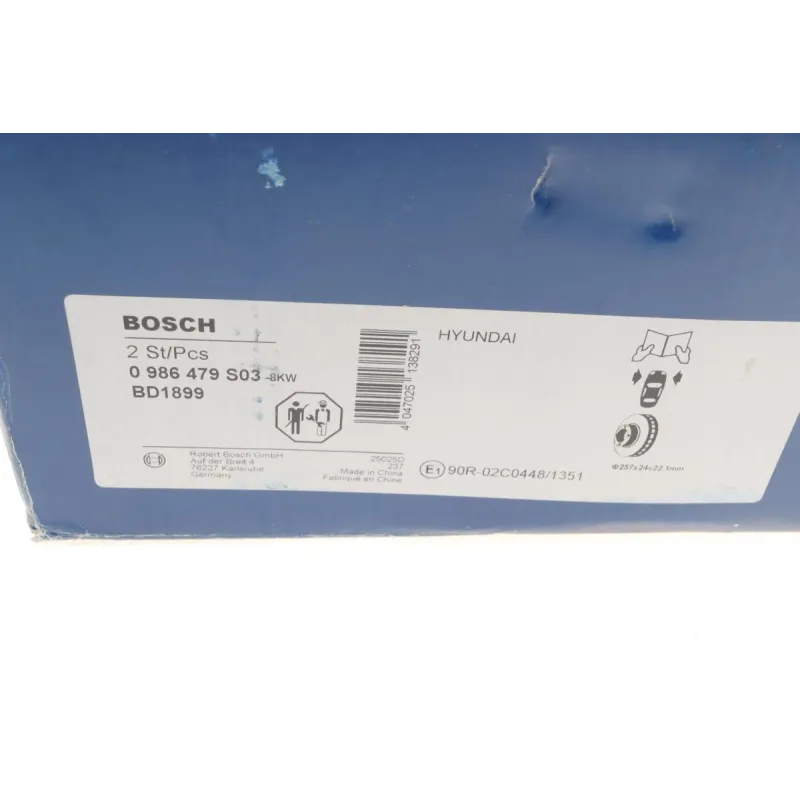 Диск гальмівний передній BOSCH 0 986 479 S03 для Hyundai Elantra 2000-2006 (257x24 мм)