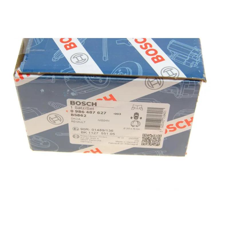 Колодки гальмівні задні BOSCH 0 986 487 627 для Renault Clio II/IV/Symbol 98- (барабанні) 203.2x39 мм