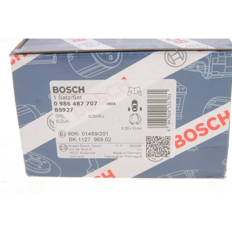 Колодки гальмівні задні BOSCH 0 986 487 707 для Opel Agila A, Suzuki Justy G3X (200x29 мм)