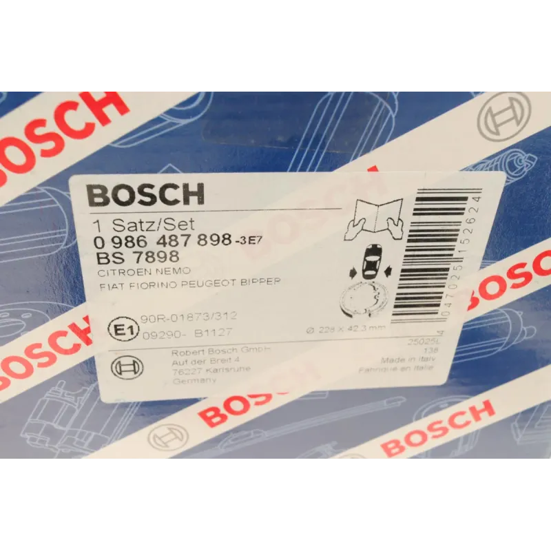 Колодки гальмівні задні BOSCH 0 986 487 898 для Citroen Nemo, Peugeot Bipper 2008-, 228x42.3 мм