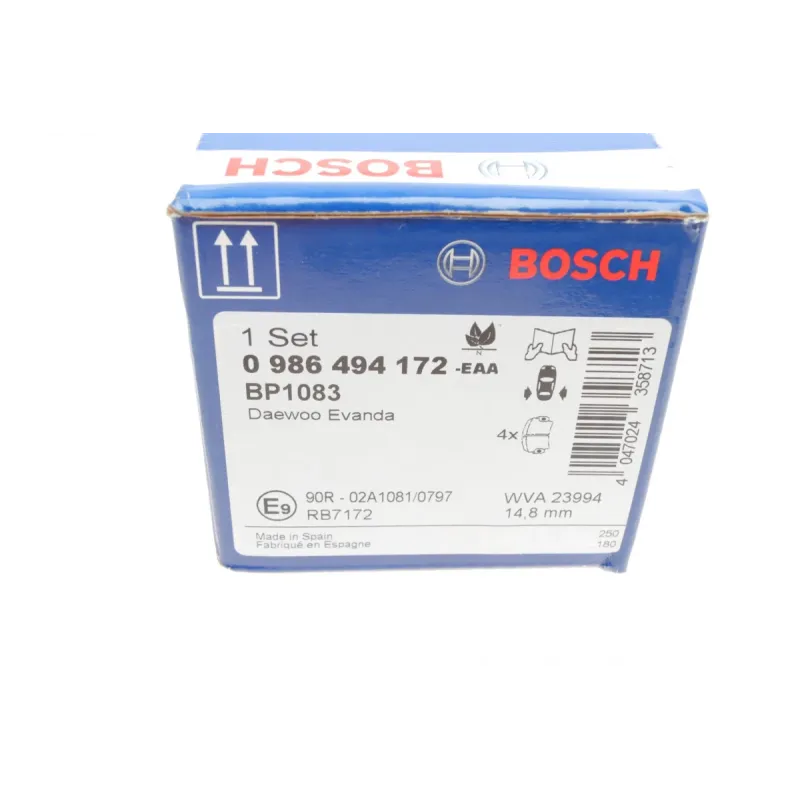 Колодки гальмівні задні BOSCH 0 986 494 172 для Chevrolet Epica/Evanda 2002- 121x37.3x14.8 мм