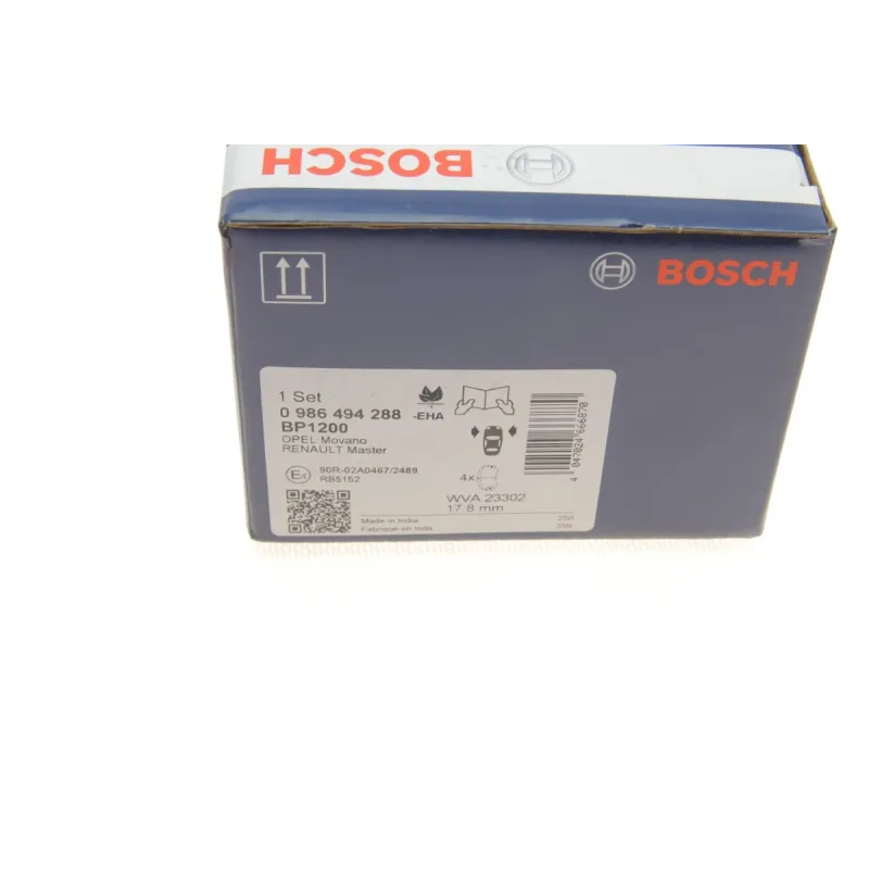 Колодки гальмівні передні BOSCH 0 986 494 288 для Renault Master II, Opel Movano 1998-2007, 17.8 мм