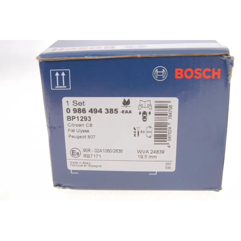 Колодки гальмівні передні BOSCH 0 986 494 385 для Citroen C8, Peugeot 807 2.0/2.2 HDi 2006- 162.7x63.8 мм