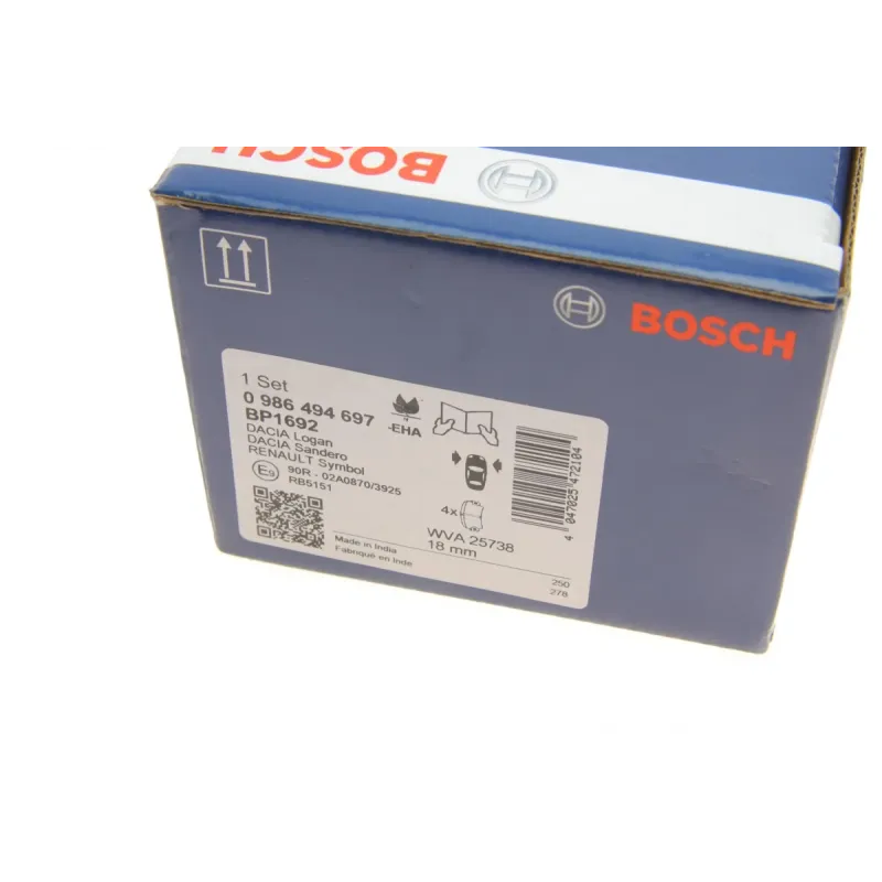 Колодки гальмівні передні BOSCH 0 986 494 697 для Dacia Logan II/Sandero II, Renault Clio IV, 139.8 мм