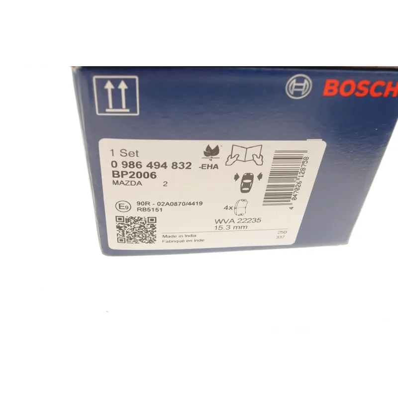 Колодки гальмівні передні BOSCH 0 986 494 832 для Mazda 2 (DL, DJ) 1.5 2014- 125.5x51.7 мм