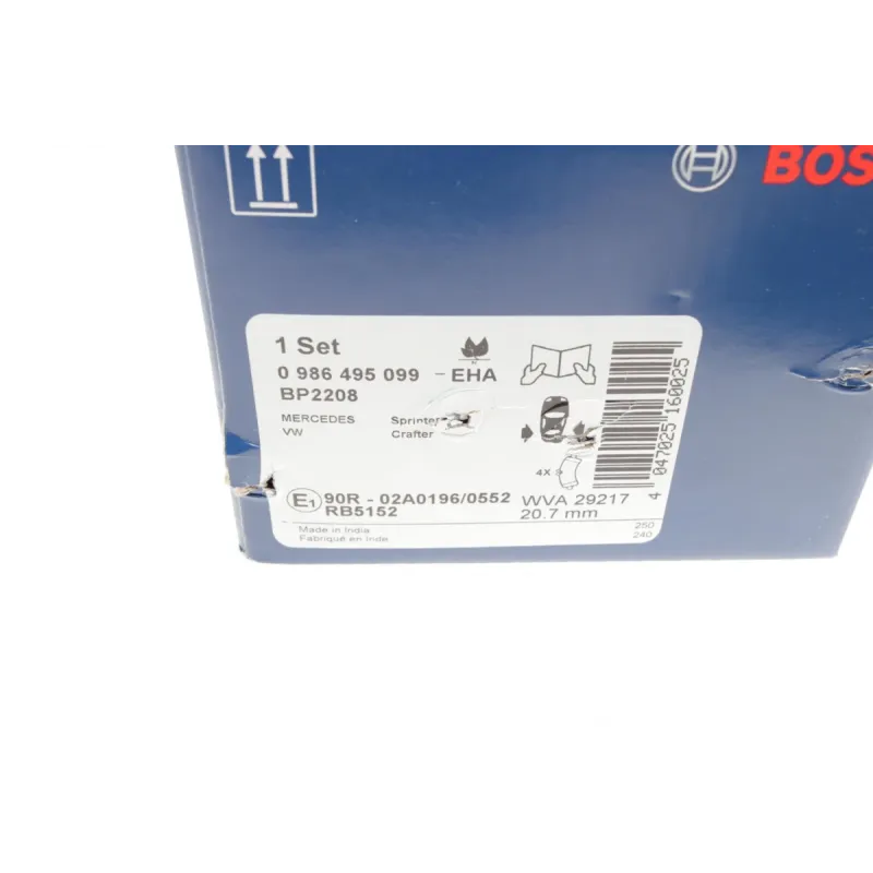 Колодки гальмівні задні BOSCH 0 986 495 099 для Mercedes-Benz Sprinter 411-519CDI, VW Crafter 2006- (спарка), 20.7 мм