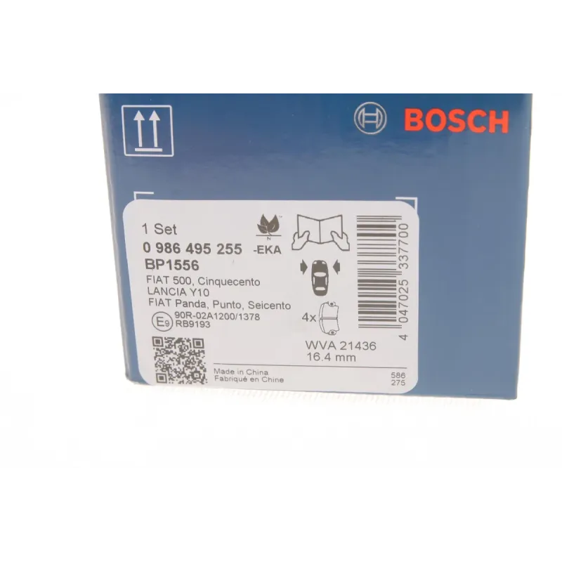 Колодки гальмівні передні BOSCH 0 986 495 255 для Fiat 500, Panda, Punto 114.7x54.9x16.4 мм