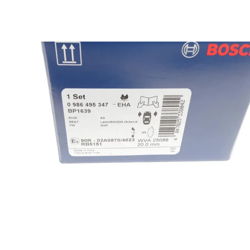 Колодки гальмівні передні BOSCH 0 986 495 347 для Audi A3, VW Golf, Skoda Octavia, з датчиком